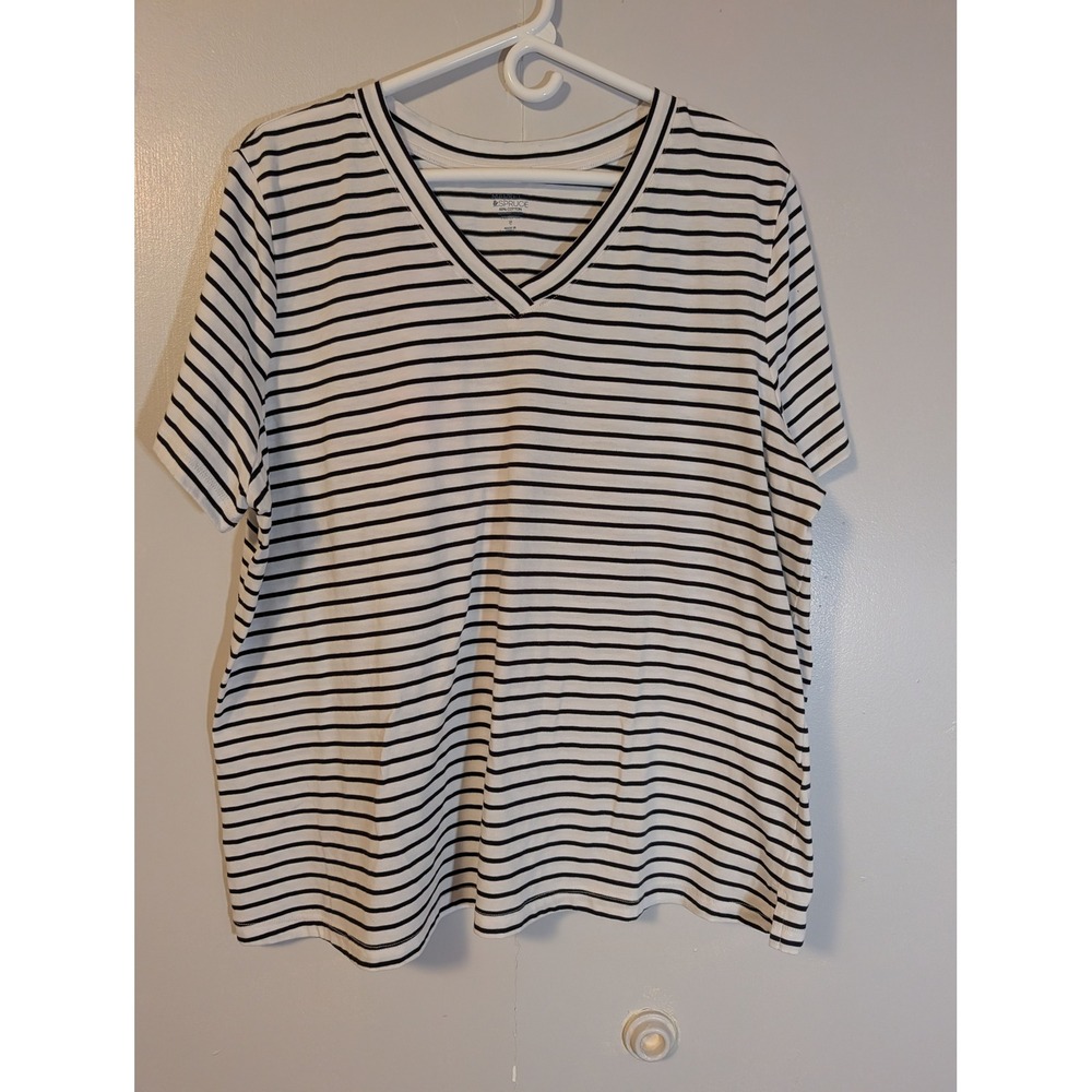 Market & Spruce Womens 2X black and White Striped V-Neck Short Sleeve Tee Shirt
